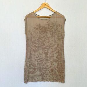 CLUNY Women's Medium Tan Flocked Velvet Sheer Semi Sheer Shift Mini Dress